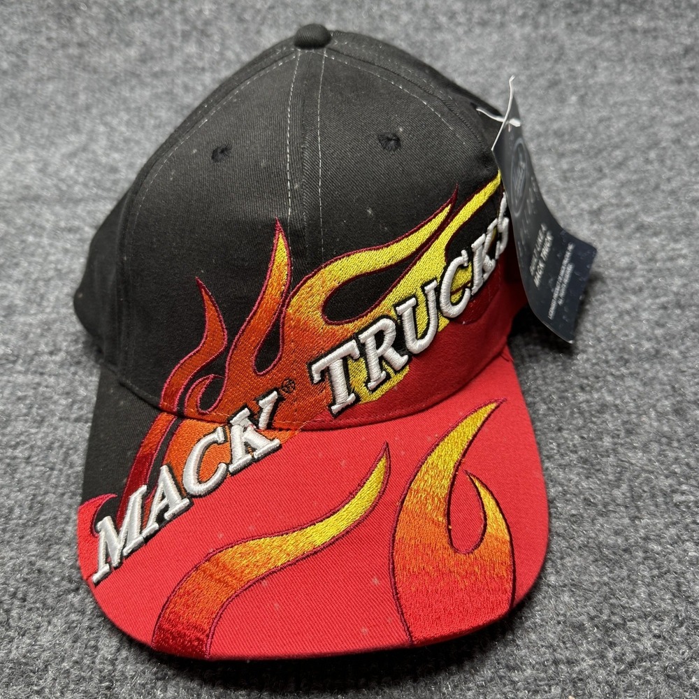 Mack‎ Trucks Bulldog Basics Hat Mens OSFM Black Red Flames Retro Trucker